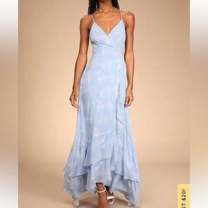 NWT lulus In Love Forever Light Blue Floral Lace-Up High-Low Maxi Dress